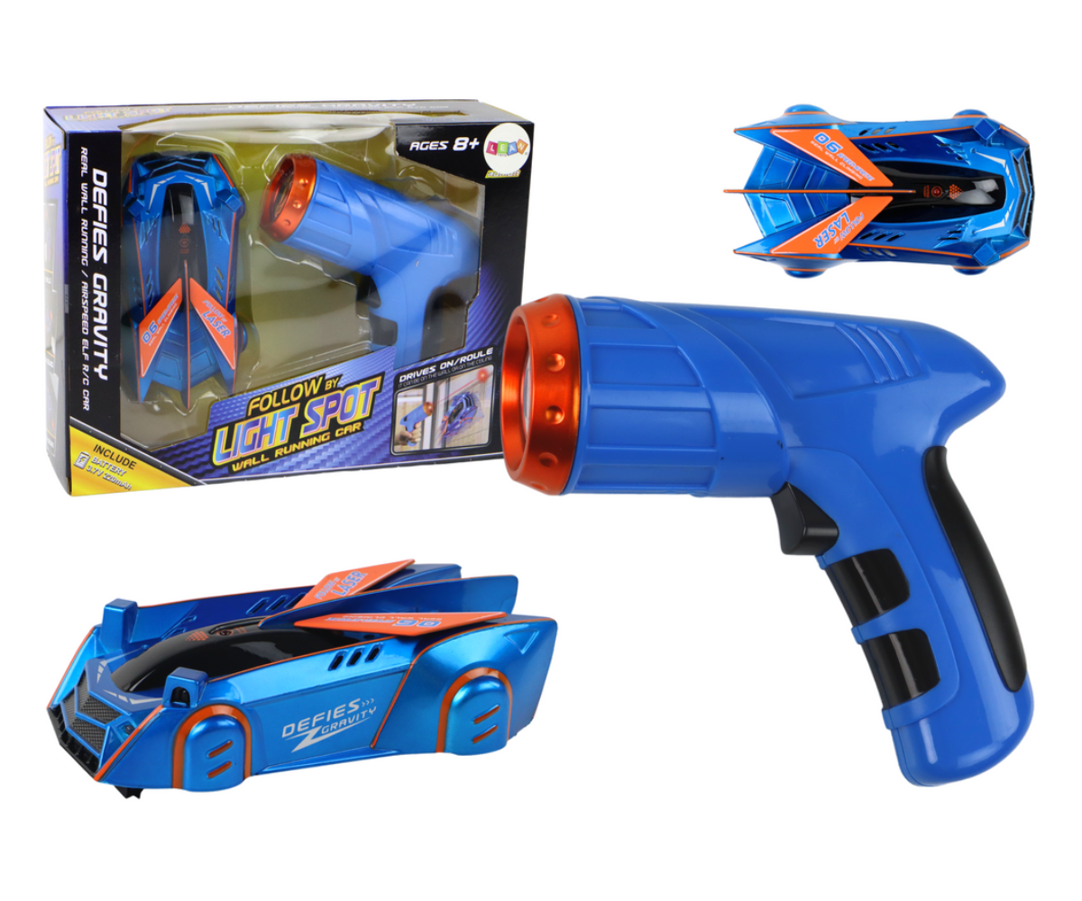 Seintel ja laes sõitev sportauto laserjuhtimisega - sinine