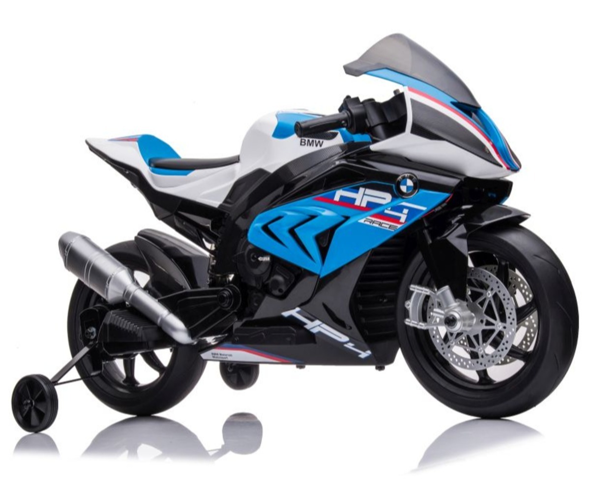 Elektriline mootorratas BMW HP4 Race JT5001 2x45W – sinine, vaade mootorratta vasakule küljele.