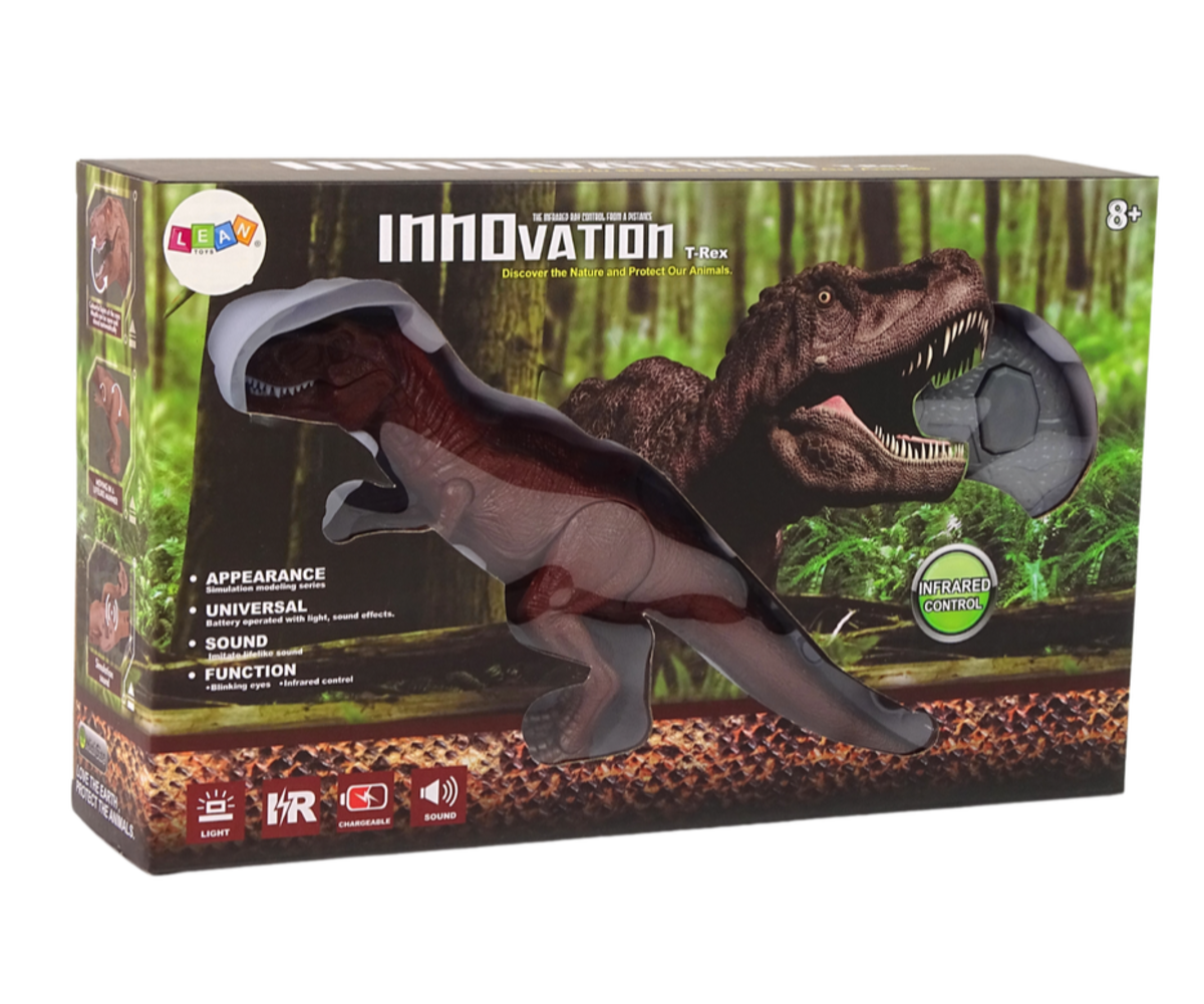 Kaugjuhitav Tyrannosaurus Rex – dinosauruse mänguasi pakendis, millel on toote info ja funktsioonid.