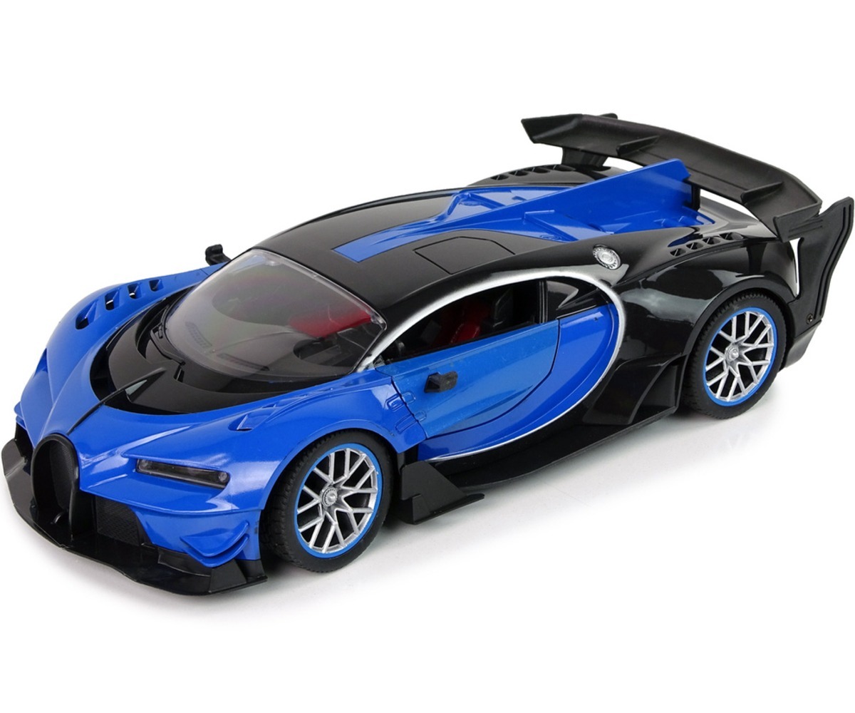 Puldiga juhitav sportauto koos LED-esituledega, sinise värviga ja dünaamilise disainiga.