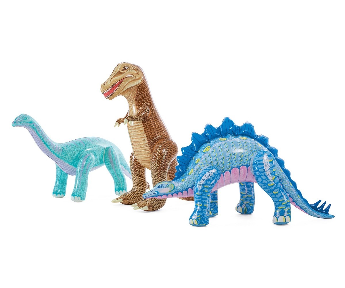 Kolm dino-mänguasja Täispuhutavas mänguväljakus Intex 56132 – jurassic stiilis.