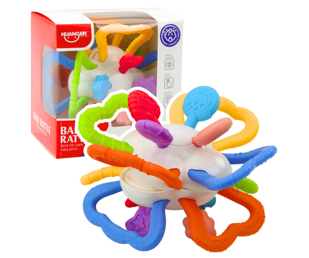 Sensoorne beebimänguasi pöörlevate osade ja värviliste närimisrõngastega