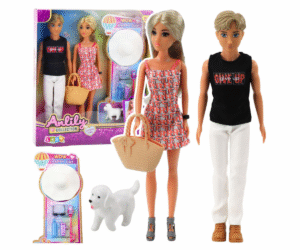 Anlily poiss ja tüdruk koos armsa koerafiguuriga
