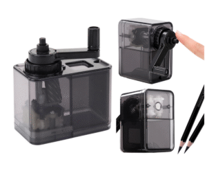 Pliiatsiteritaja väntmehhanismiga ja konteineriga - must vaade, illustreerib teritamise mehhanismi ja konteinerit.