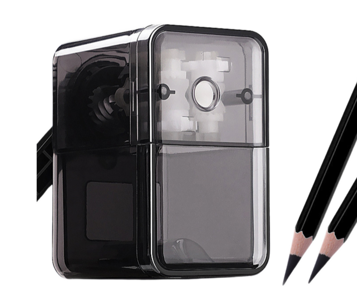 Pliiatsiteritaja väntmehhanismiga ja konteineriga - must, näitab teritamise funktsiooni ja disaini.