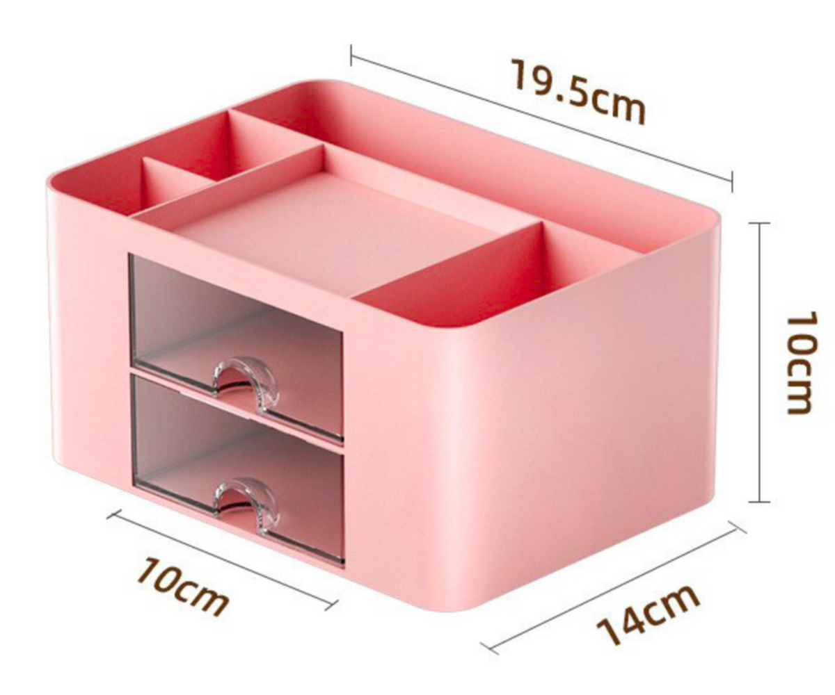 Roosa lauakorrastaja sahtlitega – stiil ja praktilisus ühes, mõõtmed: 19.5cm x 14cm x 10cm.