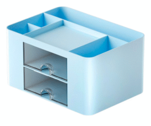 Sinine lauakorrastaja sahtlitega, praktiline ja stiilne, sobib kontorisse ja kodusesse keskkonda.