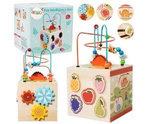 Montessori hariv kuubik puidust 5 mängupinnaga, esiküljel on mitmed aktiivsed mänguelemendid.