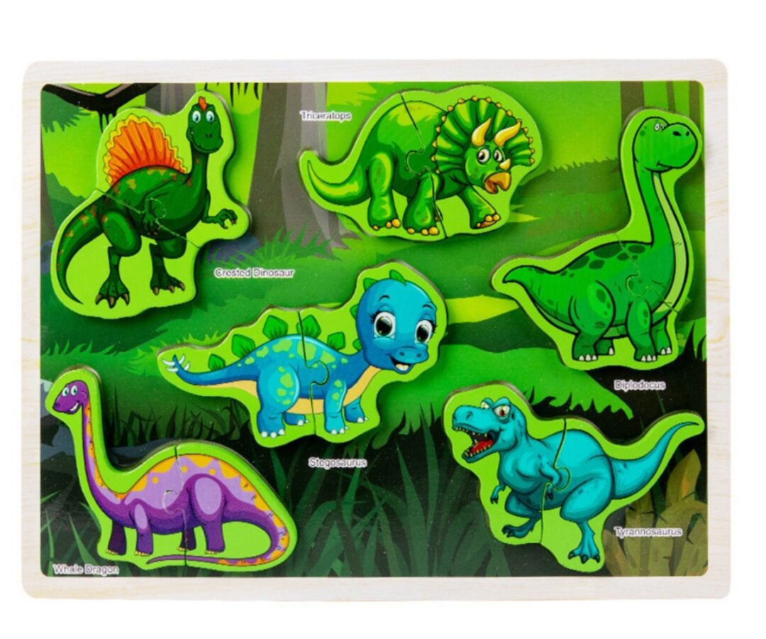 Dinosauruse puidust pusle 12 detaili, mis sisaldab erinevaid lõbusaid dinoforme.