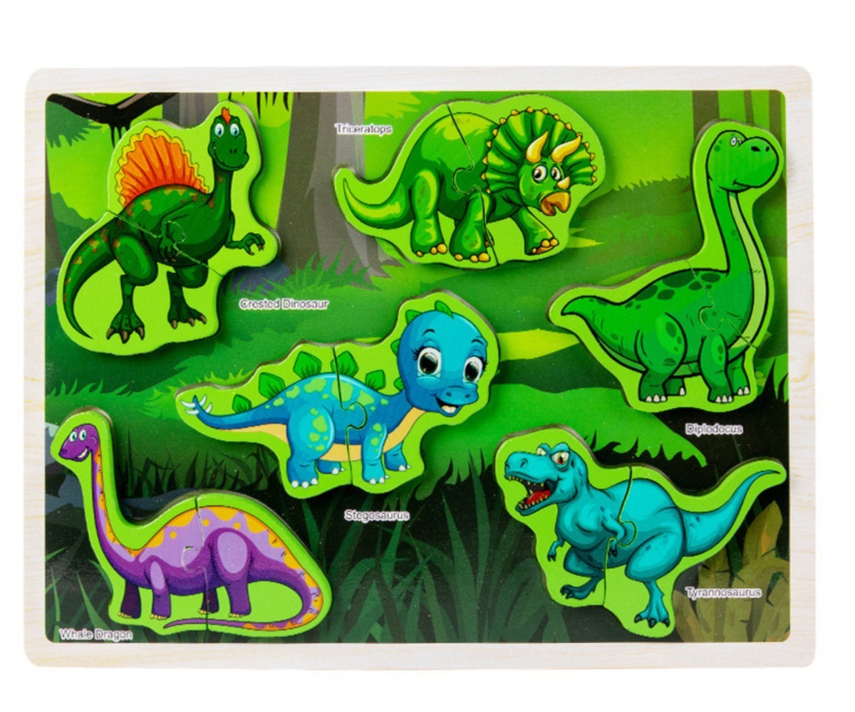 Dinosauruse puidust pusle 12 detaili, mis sisaldab erinevaid lõbusaid dinoforme.