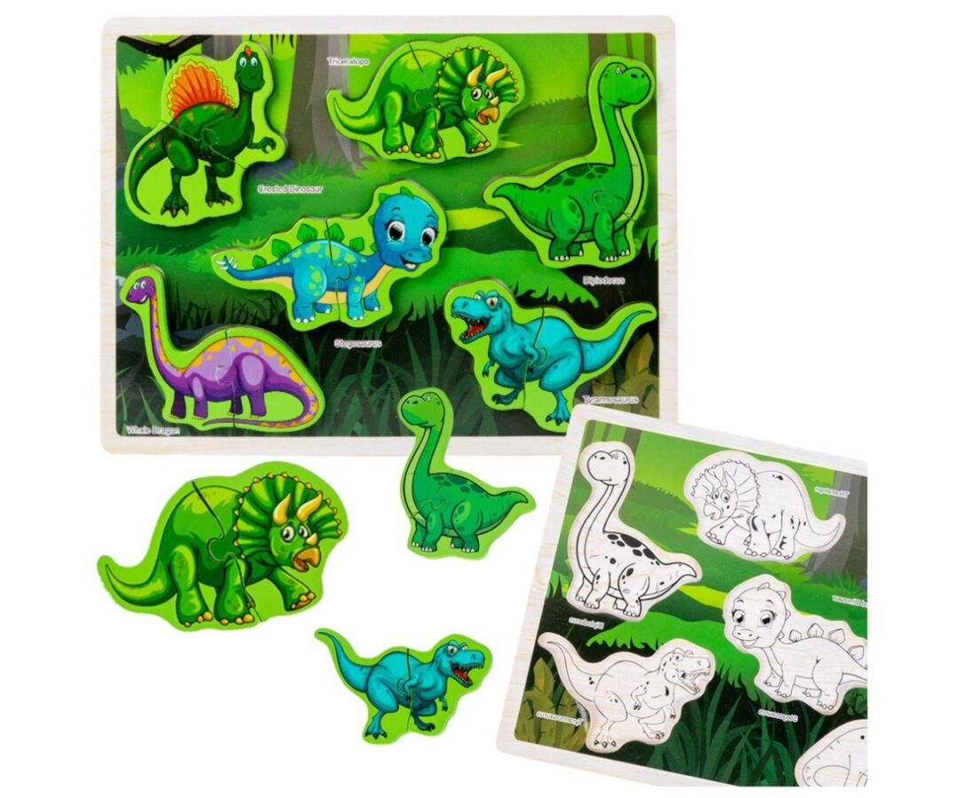 Dinosauruse puidust pusle 12 detaili, koos värvimislehega, mis kutsub loovusele.