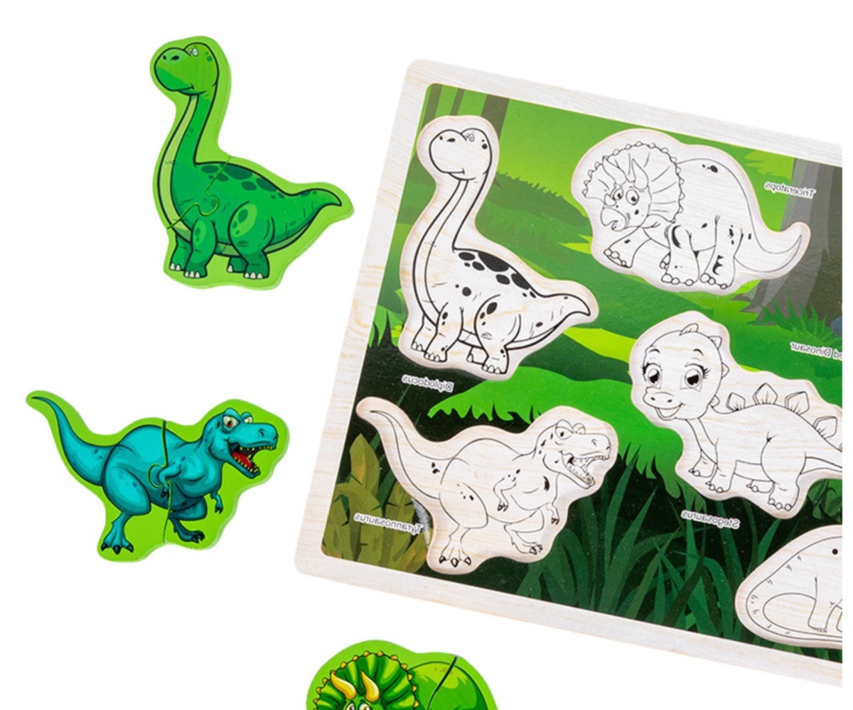 Dinosauruse puidust pusle 12 detaili, millel on värvilised dinoosaurid ja tähistatud osad.