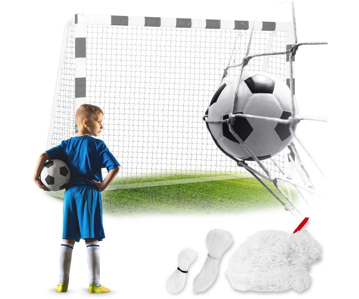 Poiss jalgpalliga seisab Neo-Sport jalgpallivärava võrgus, 215x150cm
