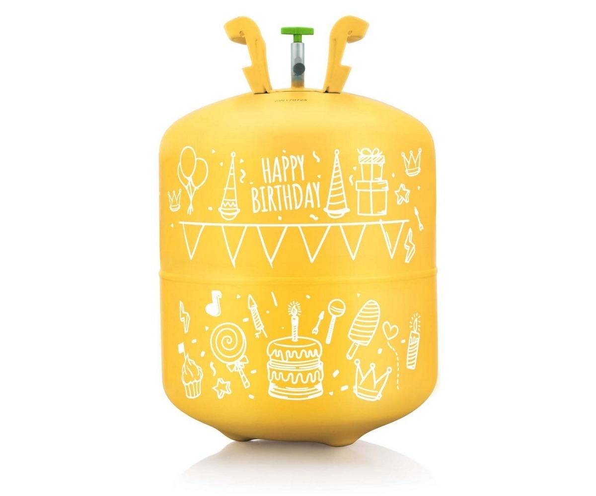 Heeliumiballooni komplekt, kollane ballon, kaunistustega 'Happy Birthday'.