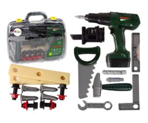 Roheline DIY tööriistakomplekt läbipaistvas kohvris, nähtavad tööriistad sees