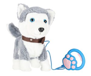 Interaktiivne husky mängukoer jalutusrihmaga, poseerimas värvilises pakendis