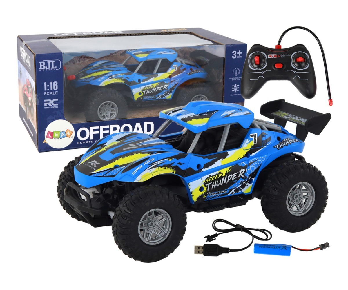 Kaugjuhitav mänguauto Off-Road sinine suures plaanis