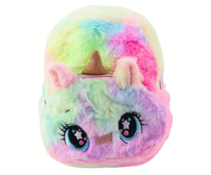 laste seljakott plüüšist ükssarvik vikerkaarevärvides, esivaade koos kuldse sarve ja suurte silmadega
