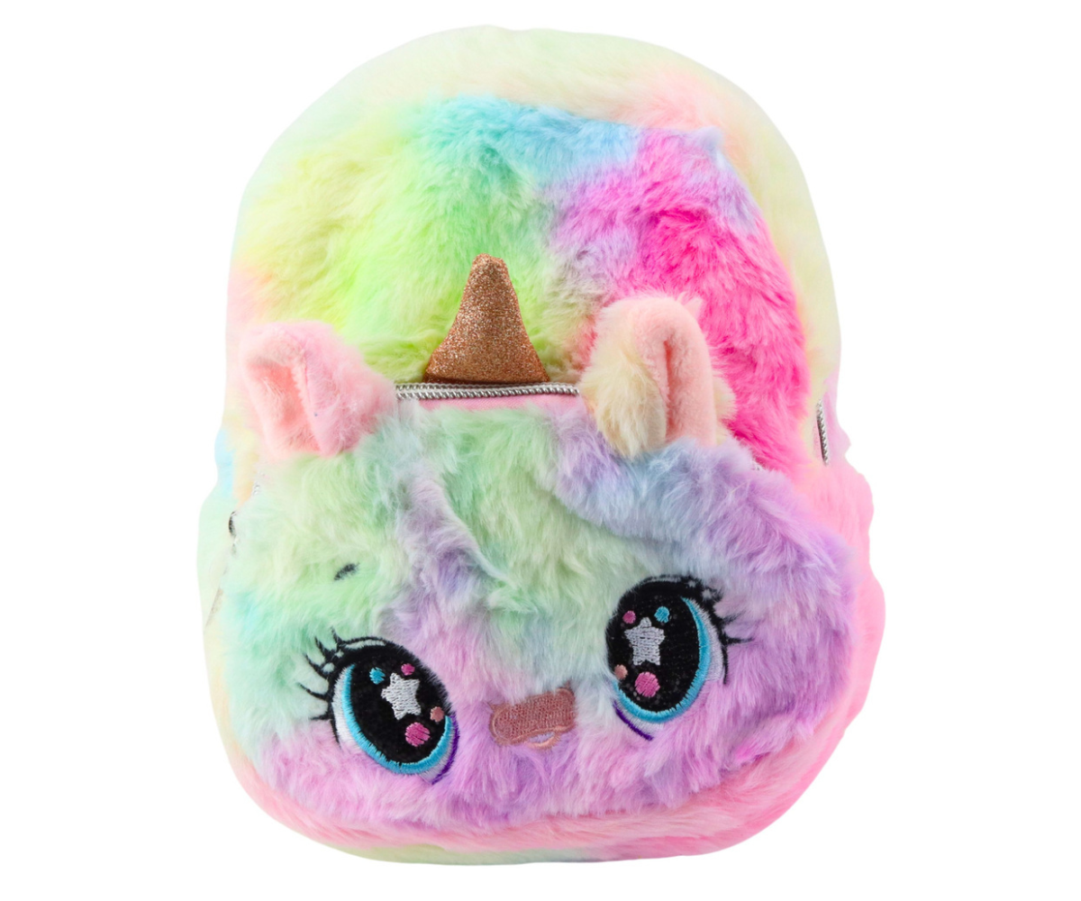 laste seljakott plüüšist ükssarvik vikerkaarevärvides, esivaade koos kuldse sarve ja suurte silmadega