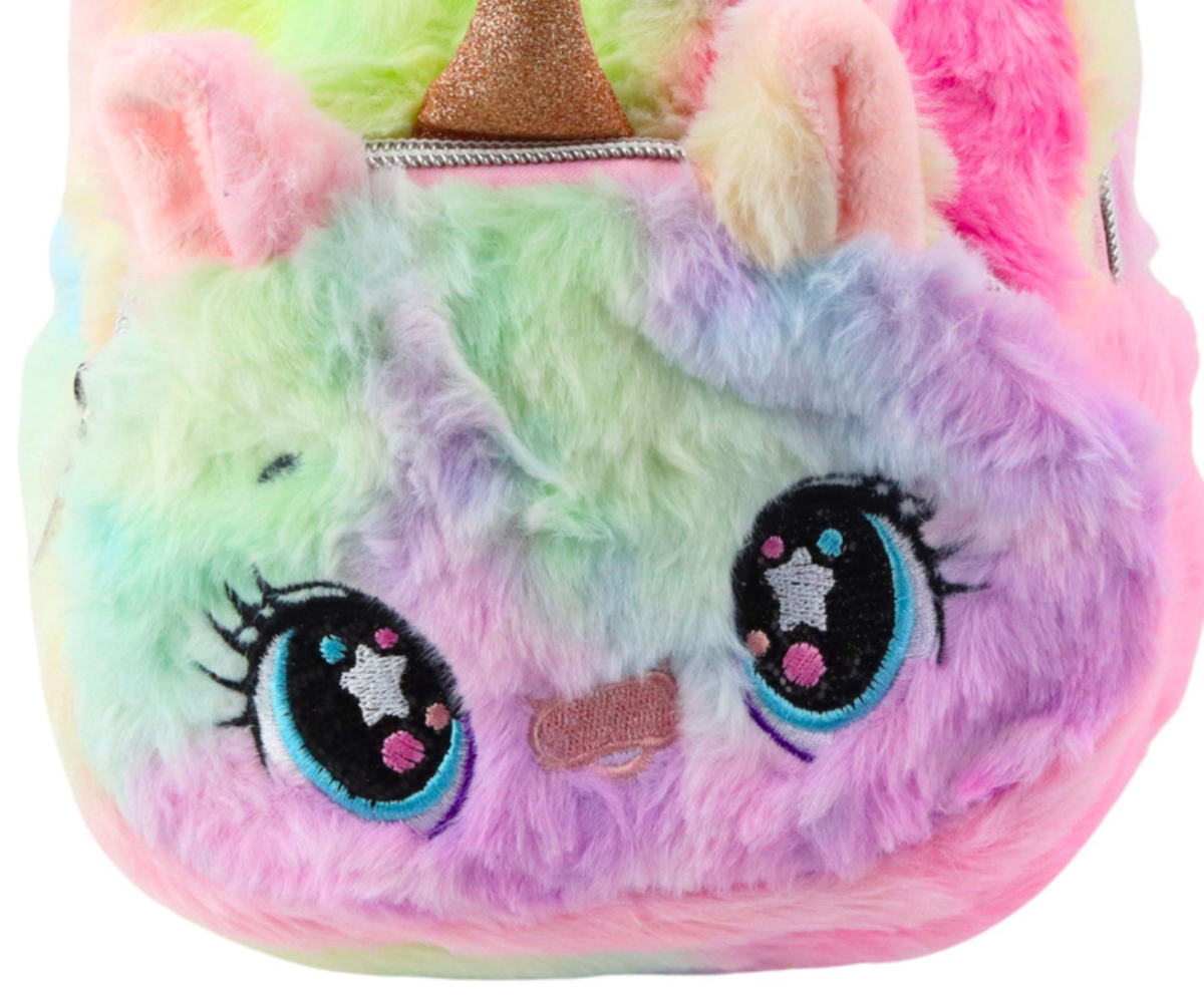 vikerkaaretoonides plüüšist ükssarviku seljakott, nähtavad reguleeritavad õlarihmad