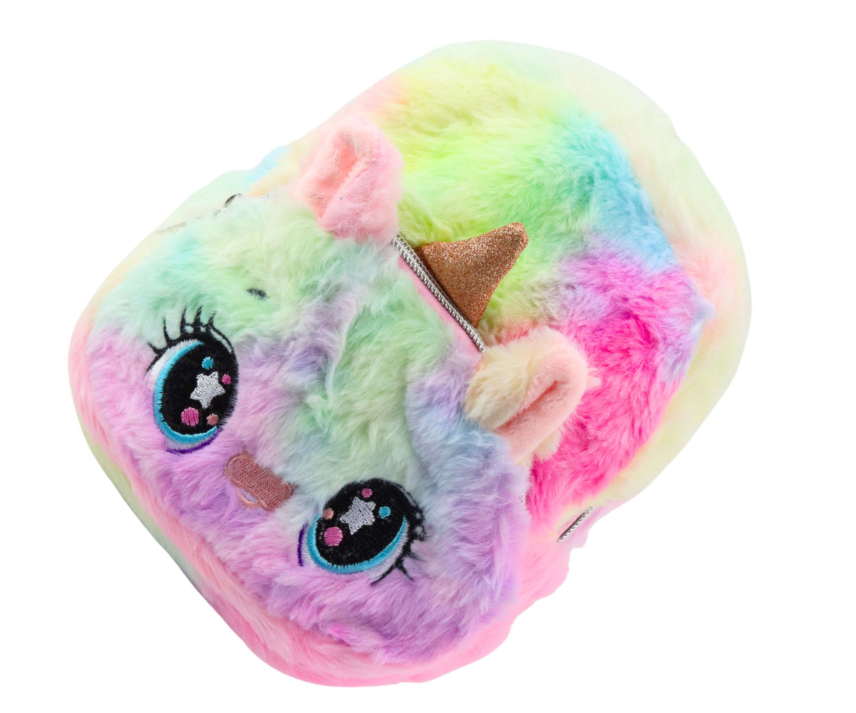 laste plüüšist ükssarviku seljakott avatud lukuga, esitasku ja põhisahtel