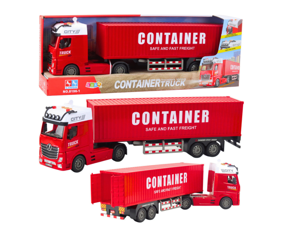 Punane transpordiveok haagise ja konteineriga