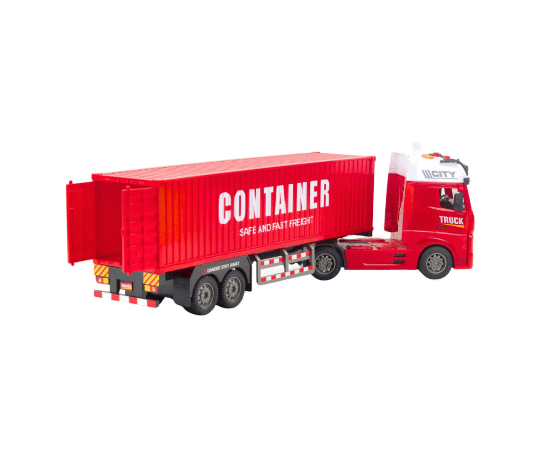 Punane transpordiveok haagise ja konteineriga