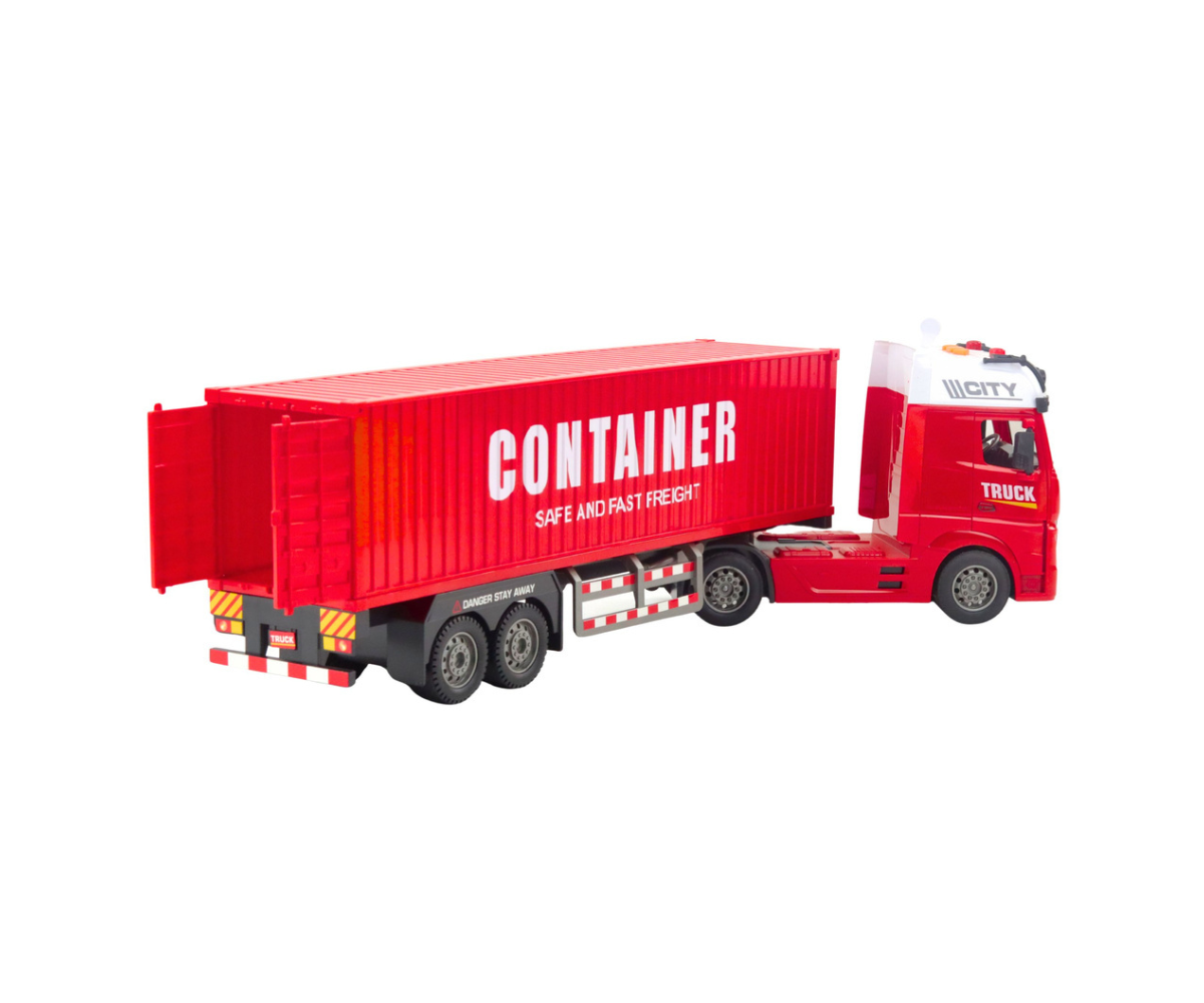 Punane transpordiveok haagise ja konteineriga