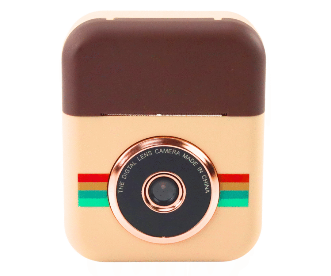 Lähedalt vaade termoprinter fotokaamerast, pruun värv ja retro disain.