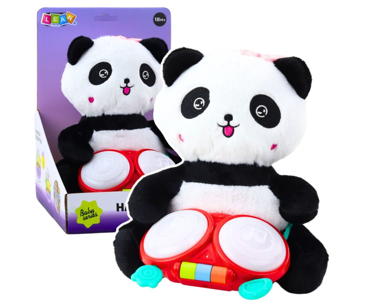 Pehme panda trummidega – muusikaline mänguasi näitab lõbusat panda karvast mänguasja, millel on punased trummid.