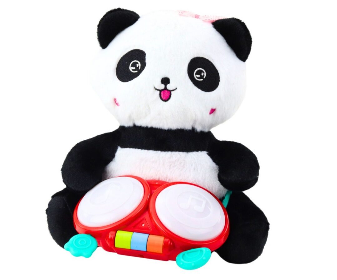 Pehme panda trummidega – muusikaline mänguasi, panda karu, millel on punased trummid ja multika stiilis nägu.