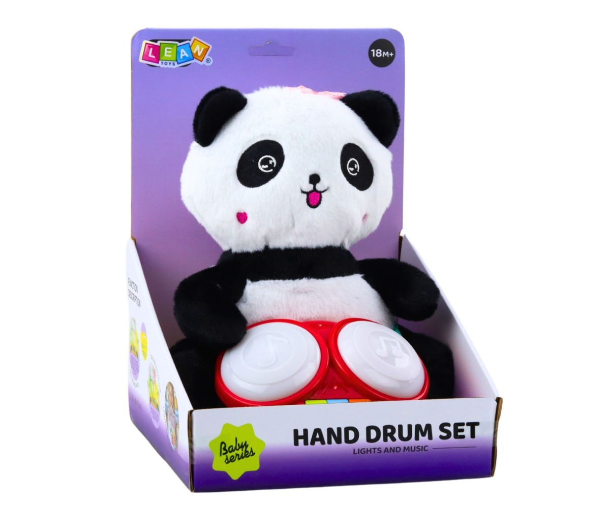 Pehme panda trummidega – muusikaline mänguasi pakendis, mis sisaldab panda karu ja trumme.