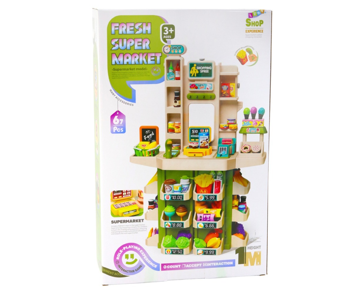 Mängupood Fresh Super Market 67 osaga pakendis, esitades mänguainete ja toiduhindade loendi.