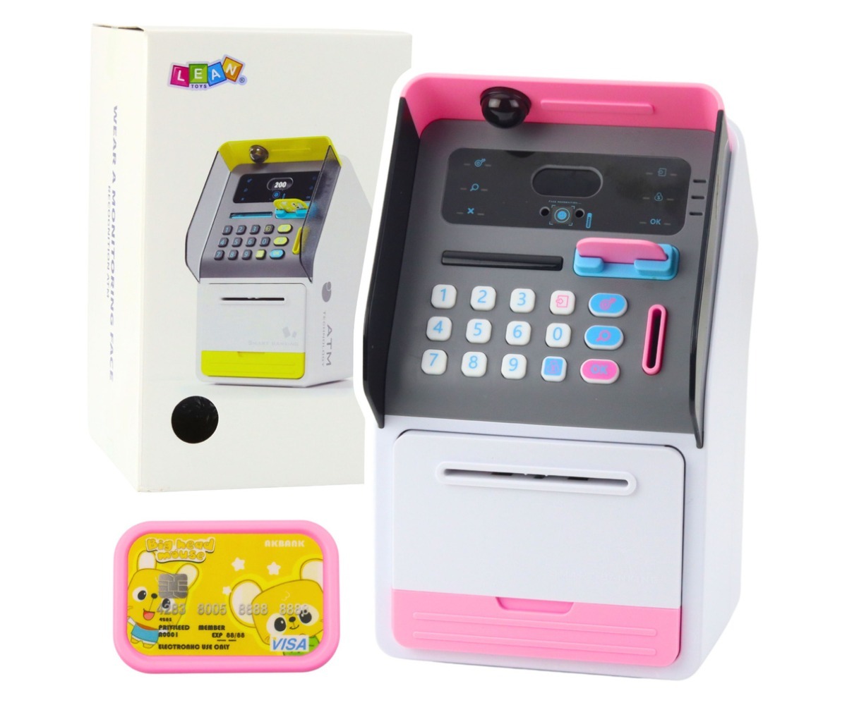 Mänguautomaat seif PIN-koodiga – roosa, millel on nuppude paneel ja rahaaugu koht.