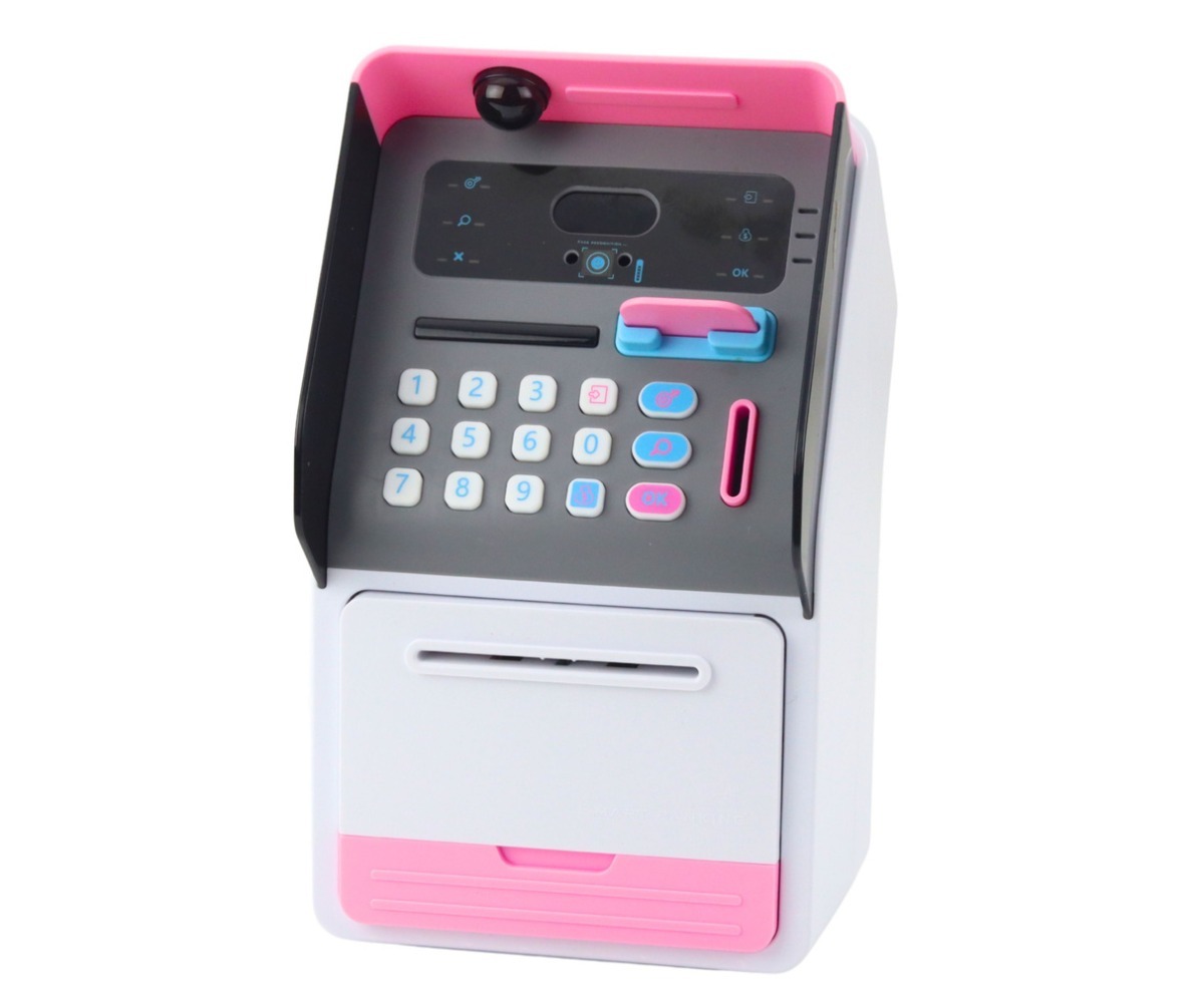 Mänguautomaat seif PIN-koodiga – roosa külgvaade, näha on klahvid ja erksavärviline disain.