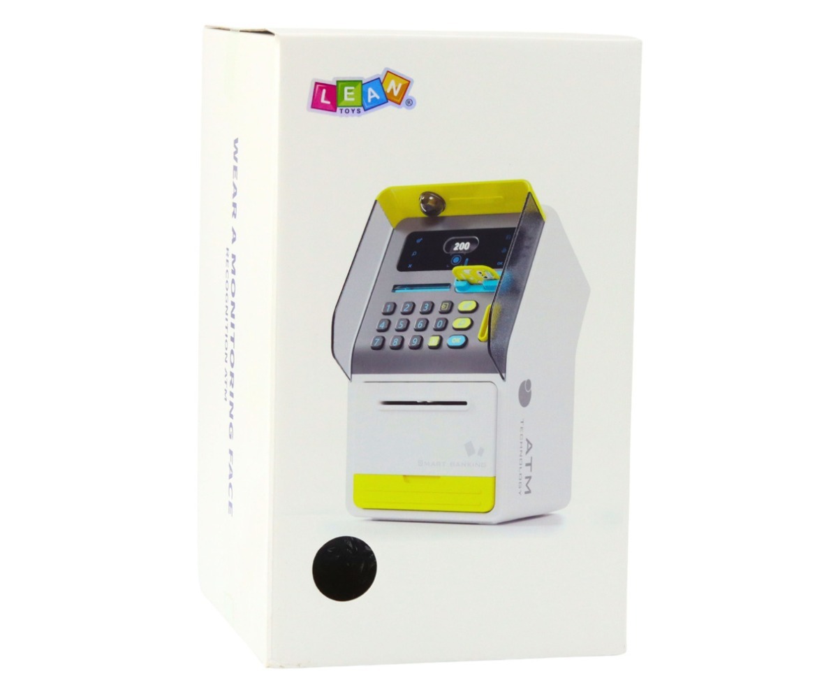 Mänguautomaat seif PIN-koodiga – roosa, pakendis, mis näitab seadme funktsioone ja disaini.