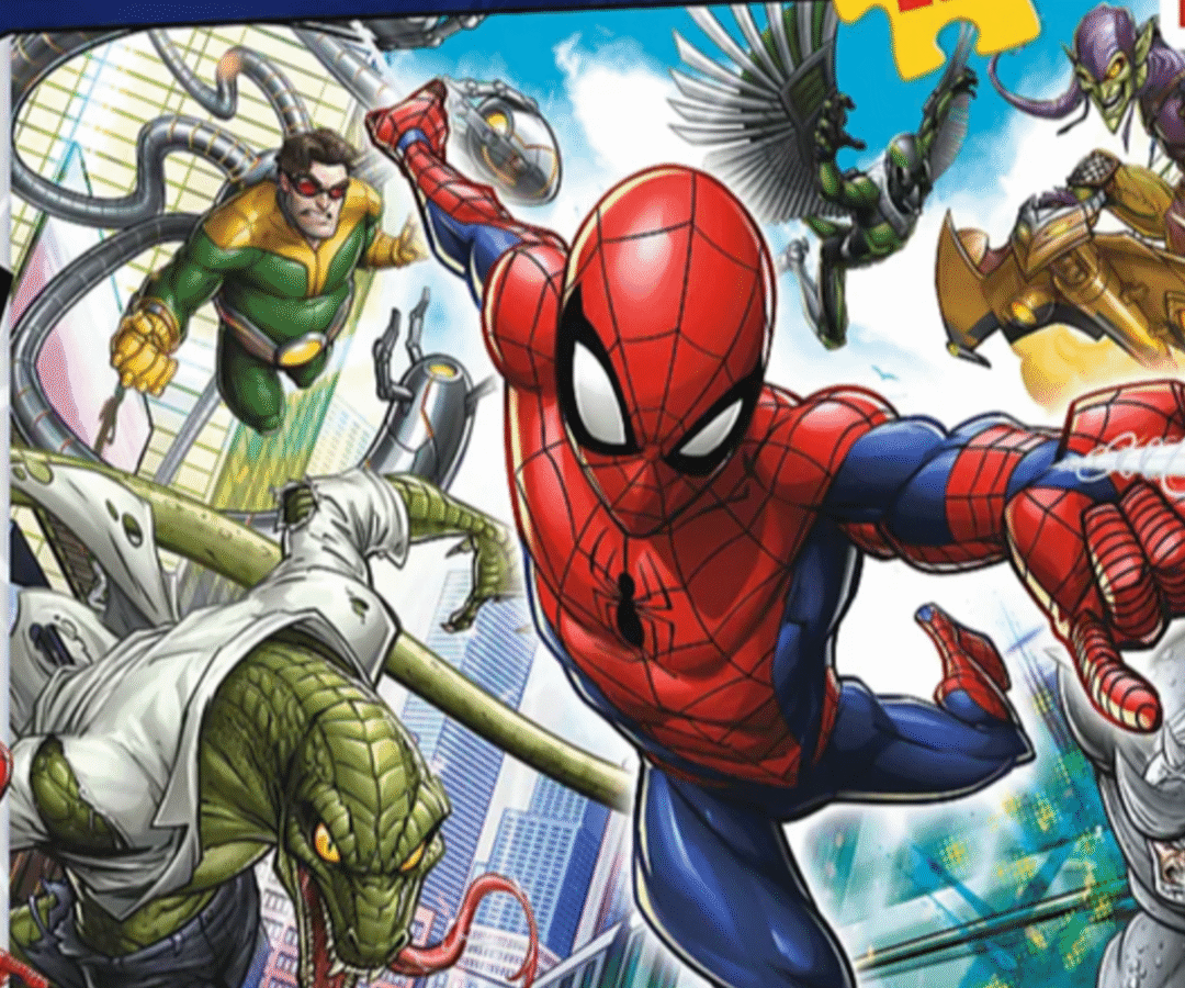 Lähivõte puslest 200tk Marvel Spiderman, Spiderman ja tema vastased lendavad taustal.