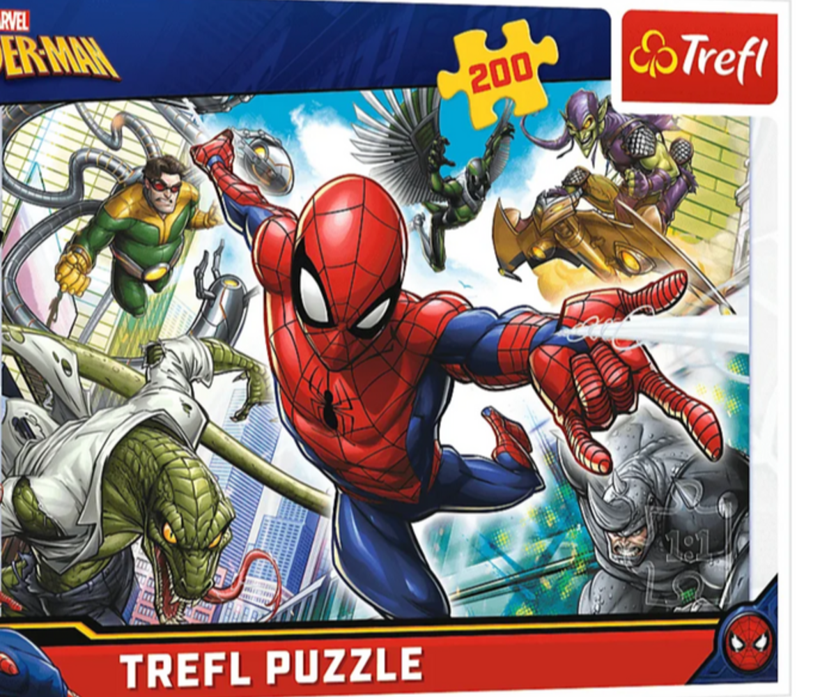 Trefl pusle 200tk Marvel Spiderman karbil, kus on kujutatud Spidermani ja tema vaenlasi.