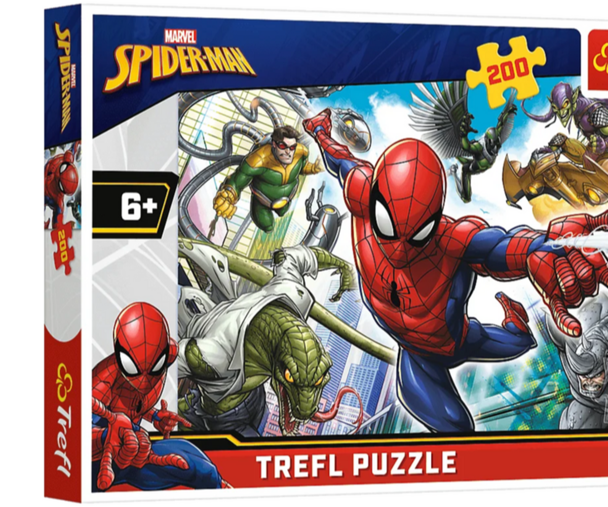 Pakendi ülevaade puslest 200tk Marvel Spiderman, kus Spiderman on esiplaanil.