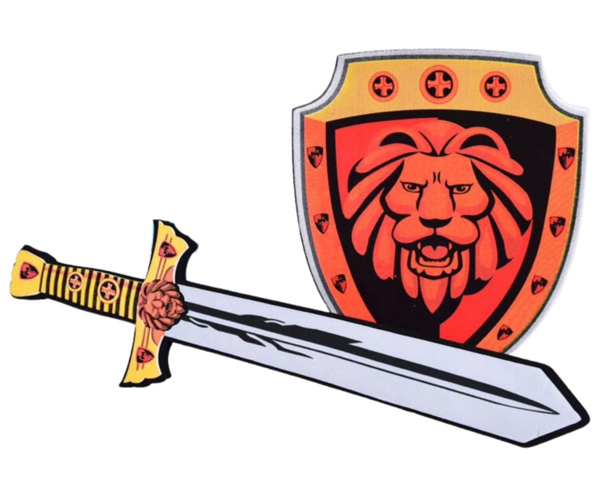 Rüütlikomplekt kilbi ja mõõgaga – lõviembleemiga, trapetsikujuline kilp ja mõõk detailse kujundusega