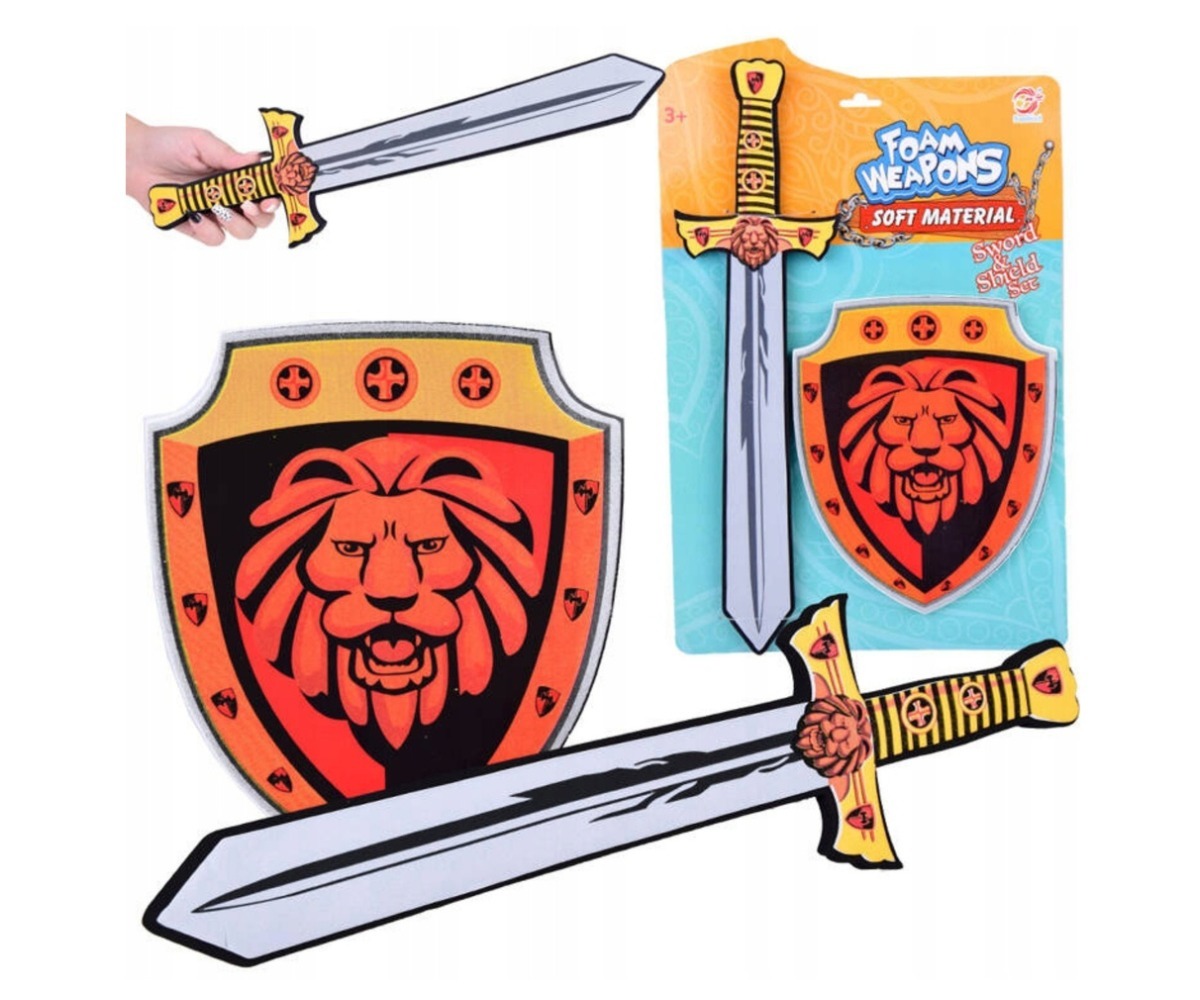 Rüütlikomplekt kilbi ja mõõgaga – lõviembleemiga, lastele mõeldud pehmed mängurelvad