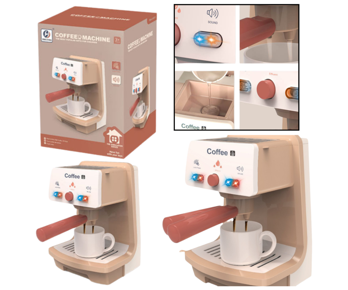 Kohvimasin helide ja tuledega pakendis, koos erinevate vaadetega masinast.