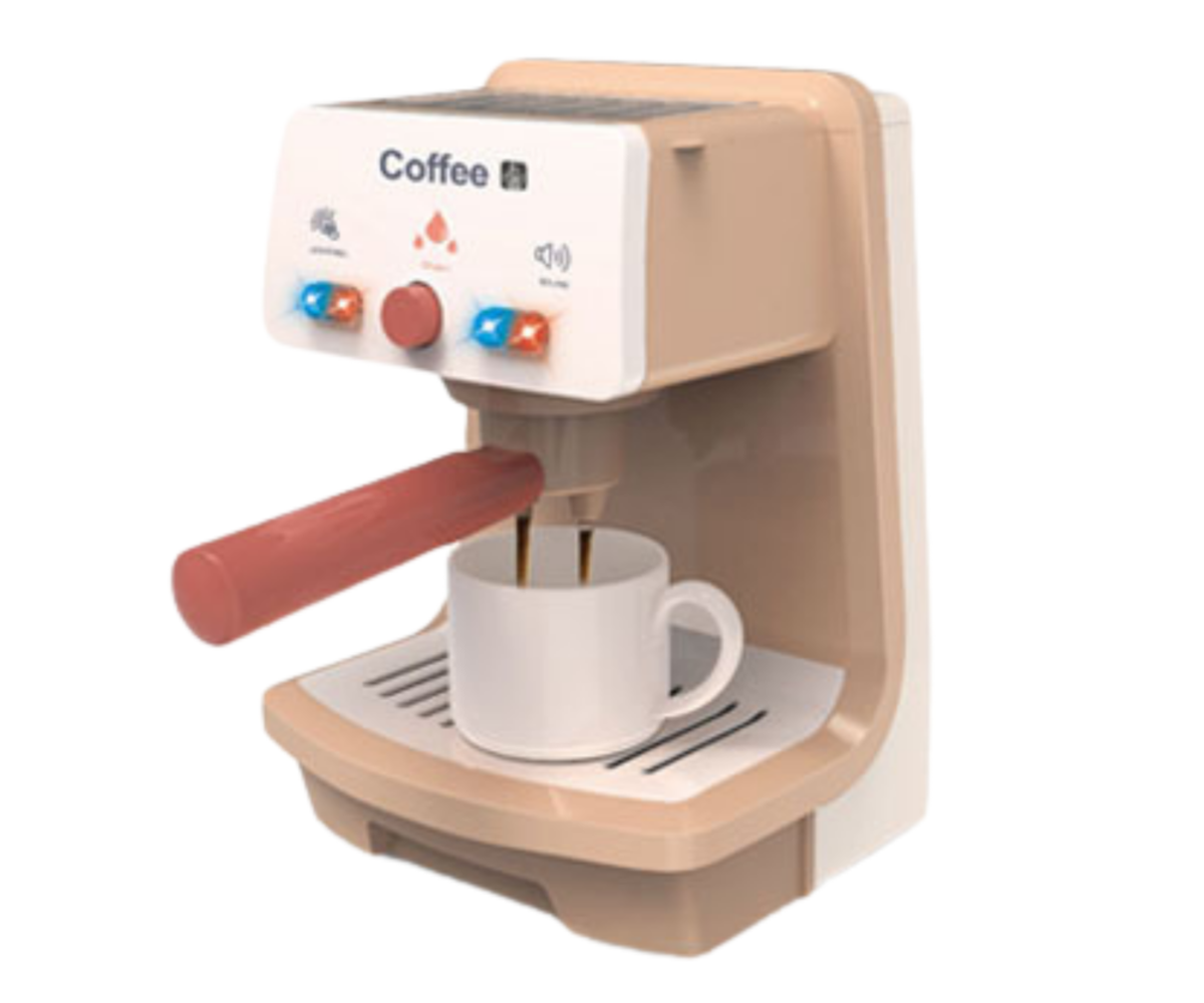 Kohvimasin helide ja tuledega töötamas, valades kuuma kohvi tassi.