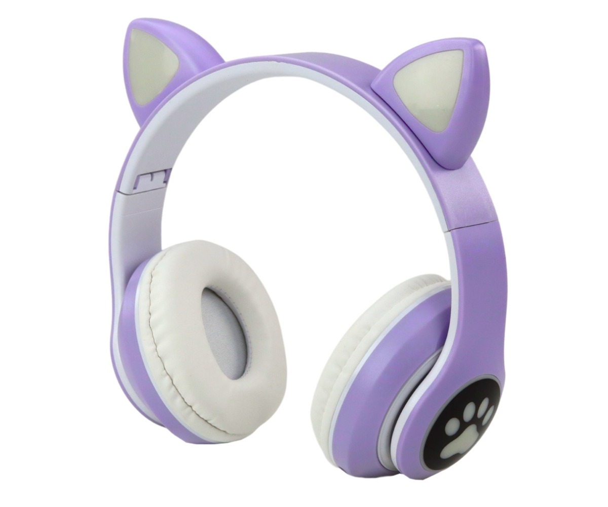 Lähem vaade lillade juhtmevabade bluetooth kassikõrvadega kõrvaklappide disainist.