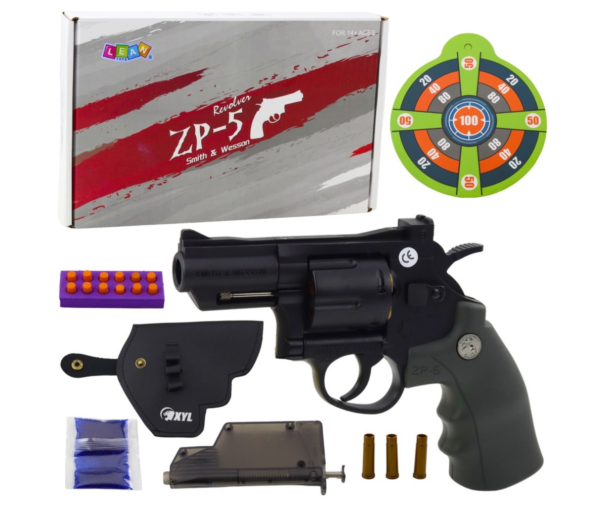 Revolver vahtkassettide ja geelkuulidega, sihtmärgi ja kabuuriga, komplekt. Nähtavad kõik vajalikud osad.