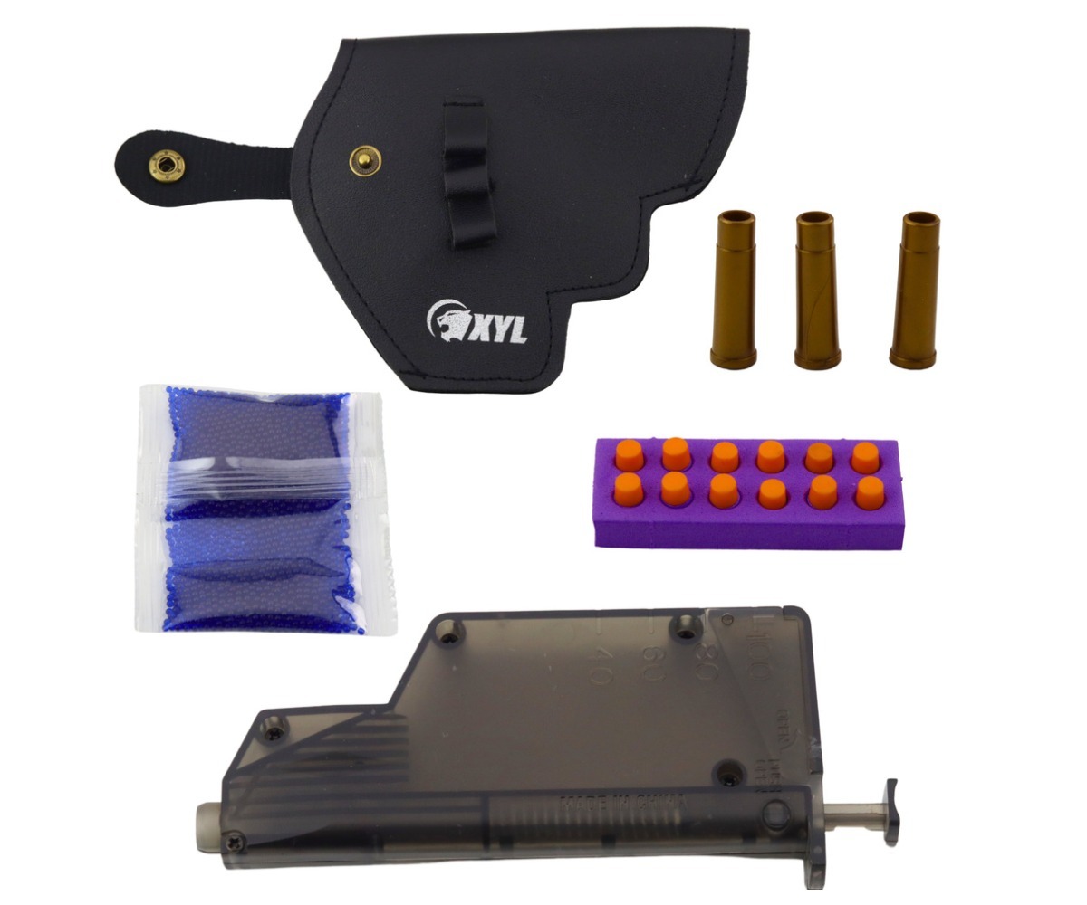 Vahtkassettide komplekt, kabuur ja geelkuulid revolveriga sihtmärgi jaoks, ideaalne mängimiseks.