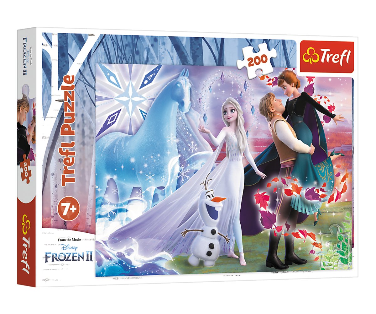 Pusle 200tk õdede maagiline maailm – Disney Frozen karp, kus on kujutatud Elsat, Anna ja Olafit.