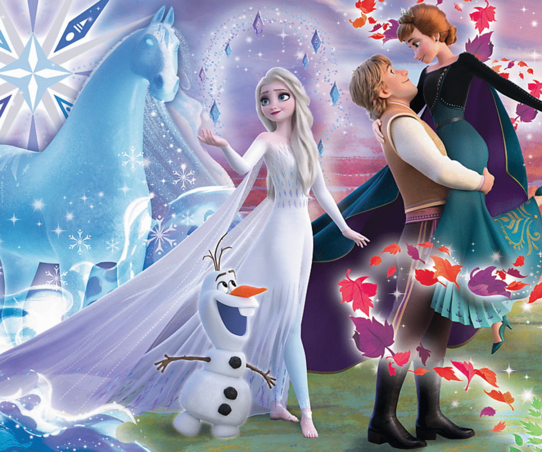 Pusle 200tk õdede maagiline maailm – Disney Frozen illustreeritud stseen, kus on Elsa, Anna ja Olaf.