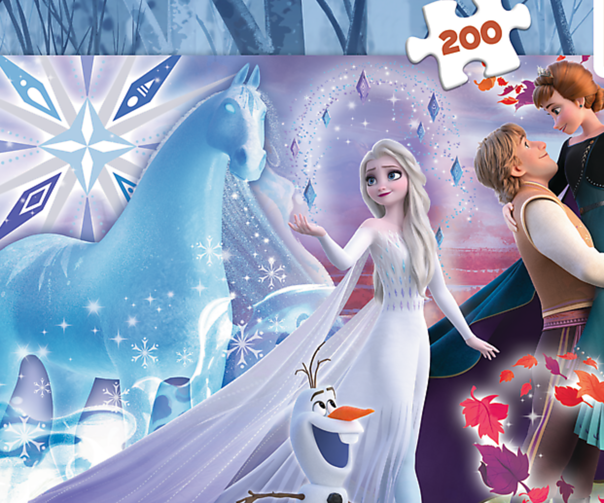 Pusle 200tk õdede maagiline maailm – Disney Frozen art, kus esindatud on Frozeni peategelased lumiste ja värviliste elementidega.