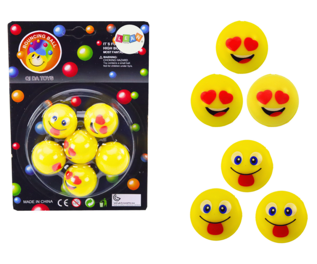 Emoji kollased kummipallid komplekt 6 tk rõõmsate emotikonidega